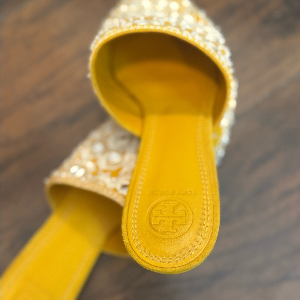 Tory Burch Elora Mirrored Pointed Toe Flat Slide Sandals - Picture 7 of 13